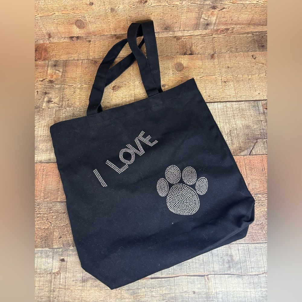 Black Canvas Tote Bag “I Love “Paw” Dogs Animals 13.5”x13.5” Embellished Gift